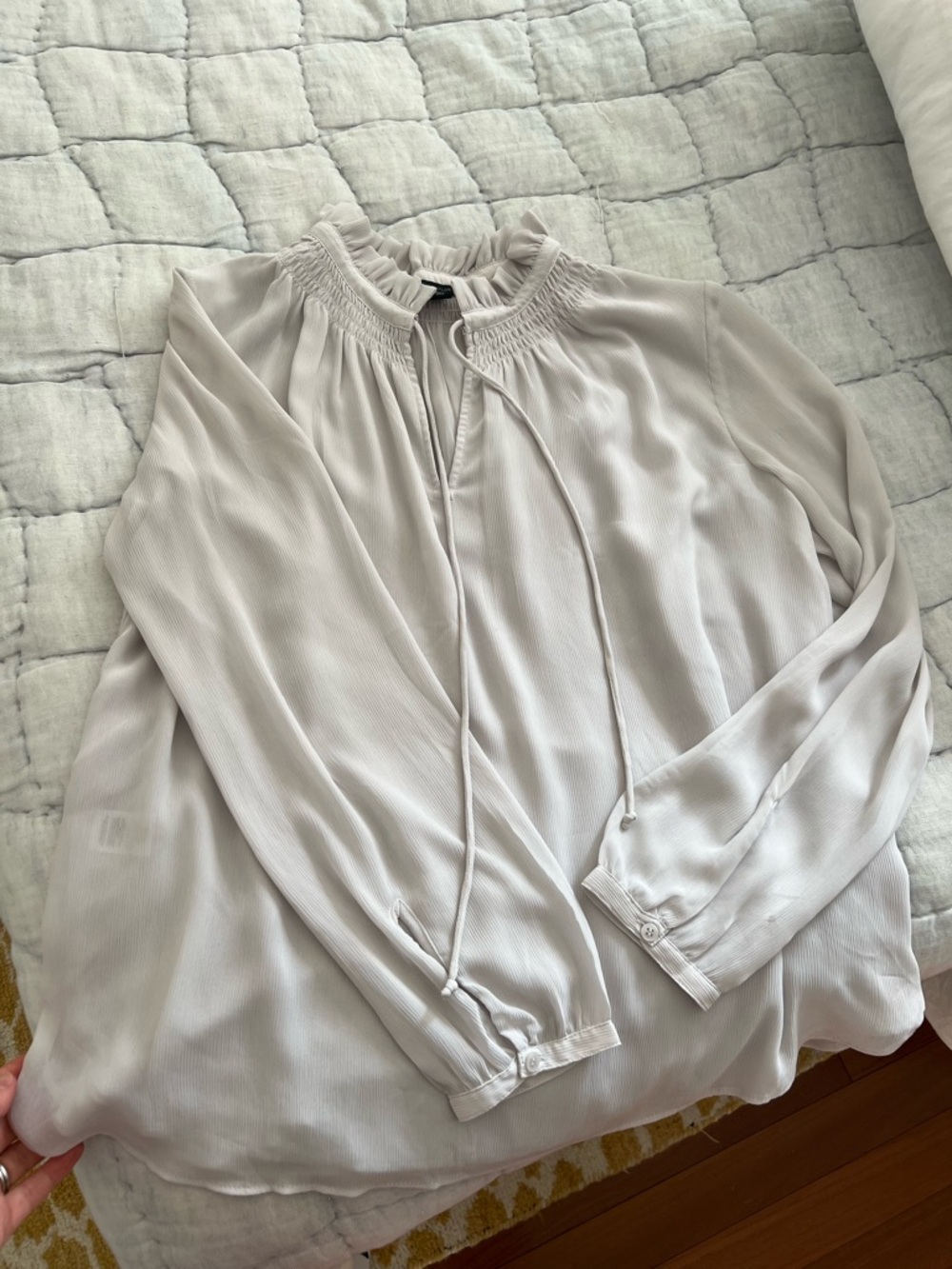 Ann Taylor Light Gray Smocked-Neck Tie Blouse